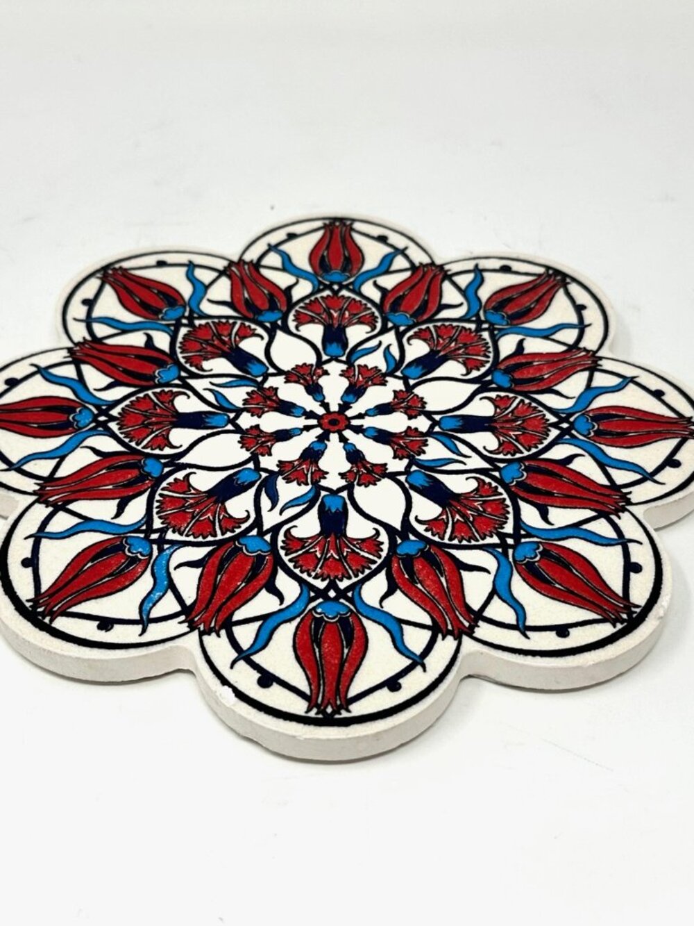 Trivet with Stylized Red Tulips and Blue Floral Pattern Made in Turkey
